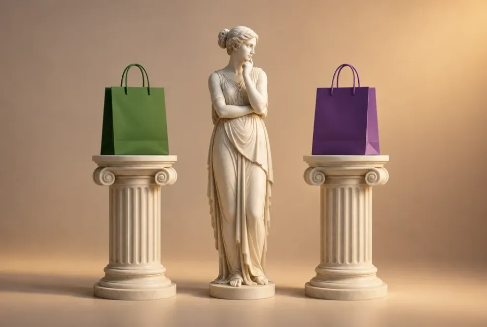 Estatua de mármol entre dos pedestales con bolsas de compra verde y morada