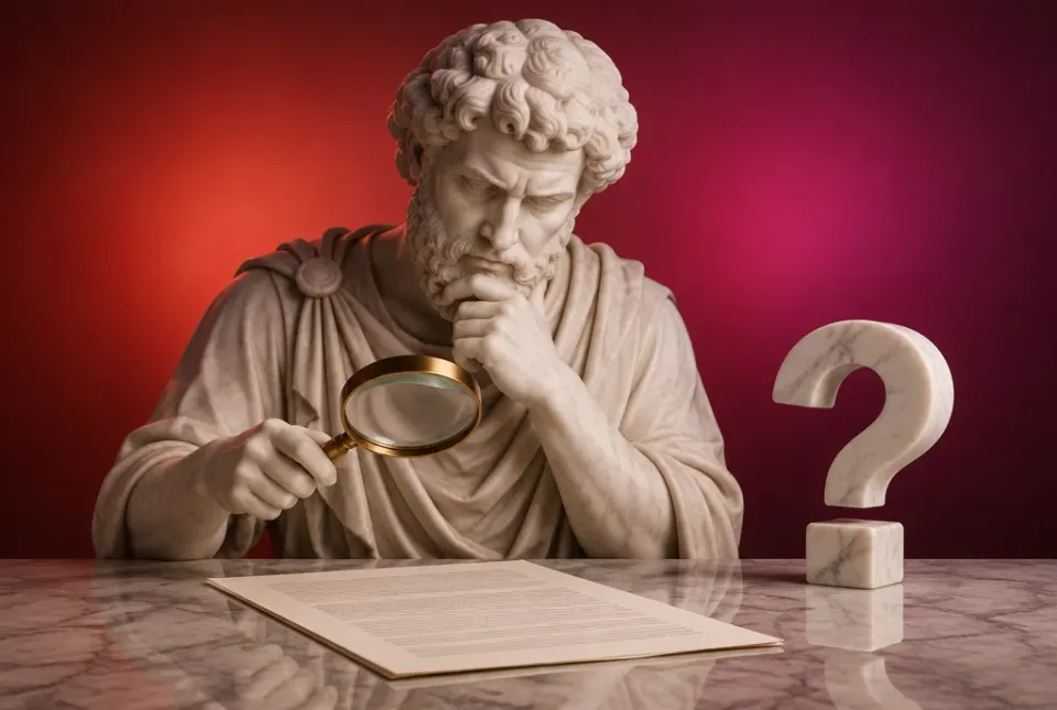 Busto de un pensador de mármol revisando un contrato con una lupa