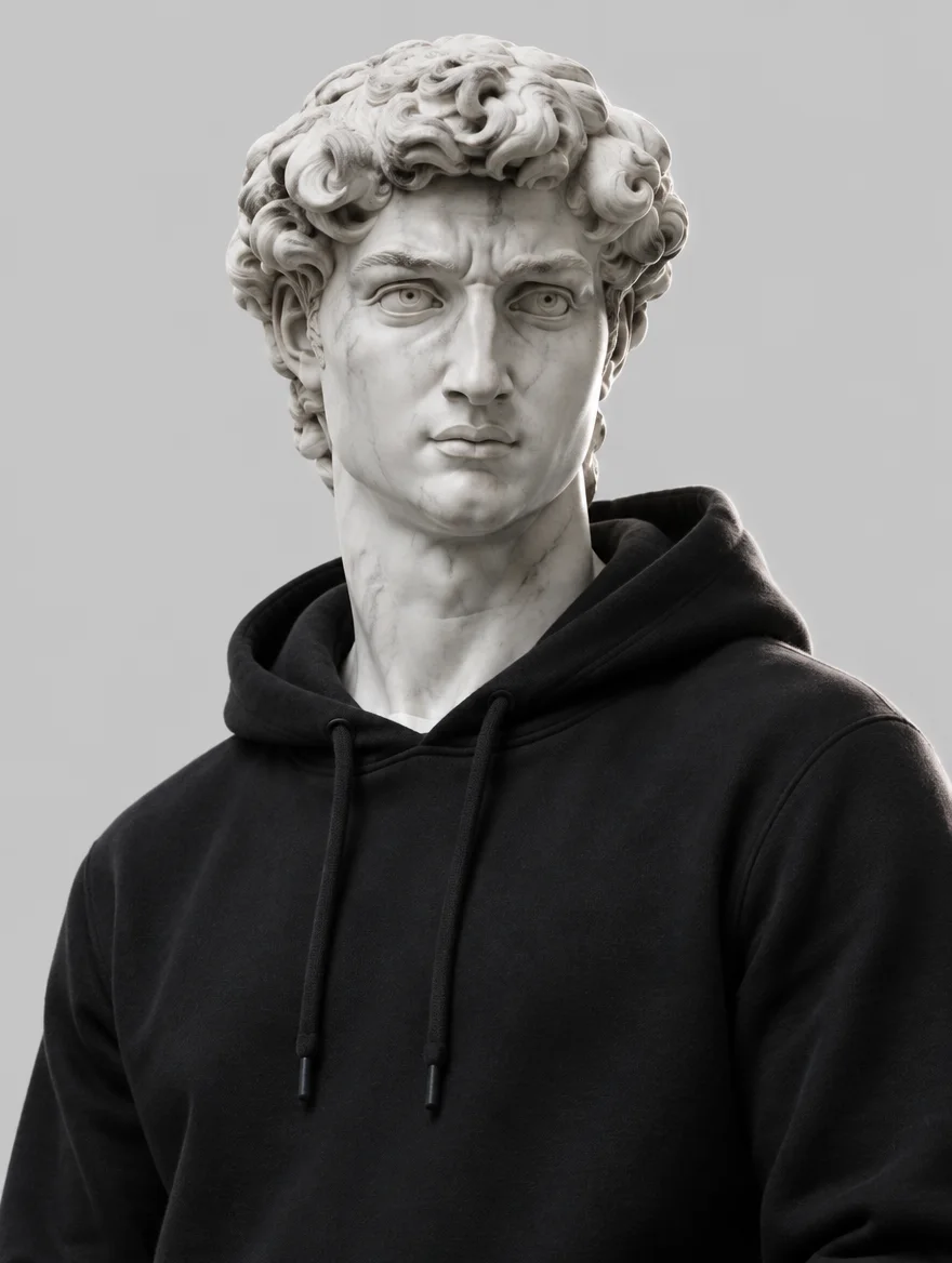 Busto del David de Miguel Ángel en mármol con hoodie negro